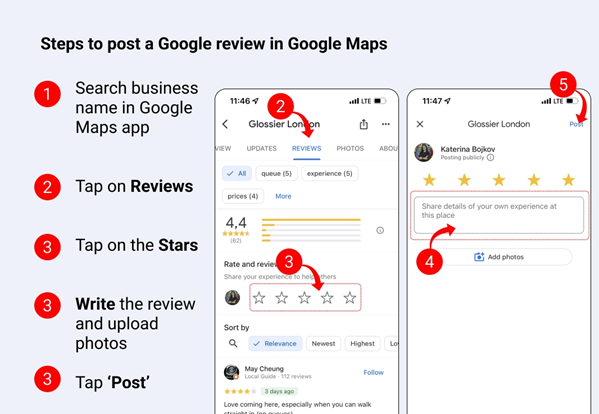 steps to write review in Google maps